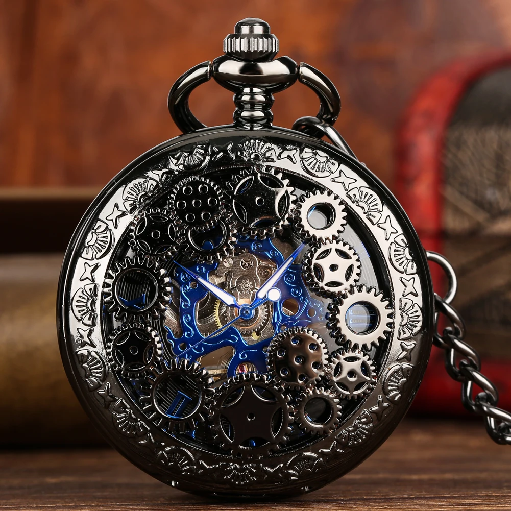 Homens Numerais Romanos Manual Relógio de Bolso Mecânico Engrenagens Pretas Design Oco Corrente Pingente Azul Royal Relógio Vintage do