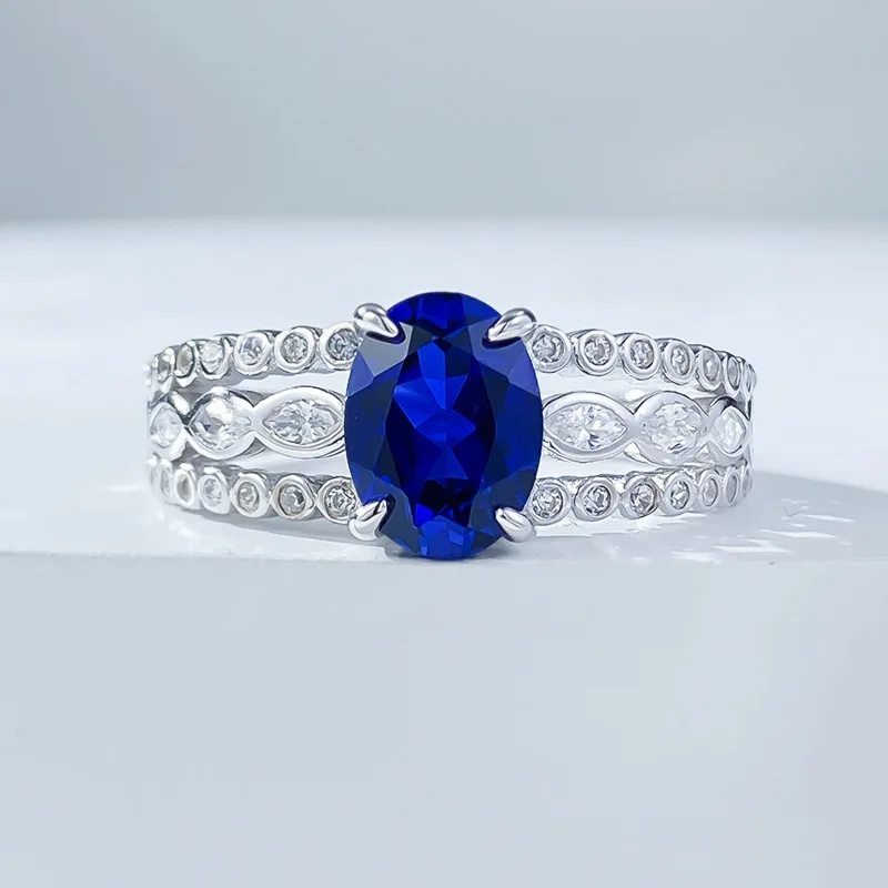 

Женское кольцо из серебра 100% пробы с синим высокоуглеродистым бриллиантом, 6 х8 мм