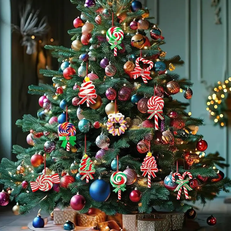 12pcs Christmas Lollipop Ornaments Colorful Wood Candy Cane Hanging Decoration Peppermint Pendants For Xmas Tree