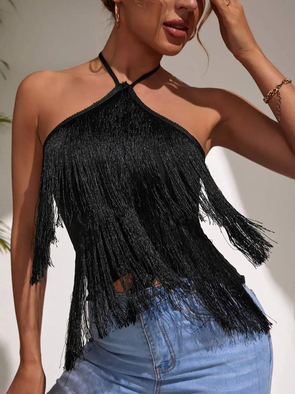 

Summer Women Tassels Vests Sexy Hanging Neck Crop Tops Y2K Fairy Sling Camis New Solid Color Short Shirt Casual Tanks Streetwear