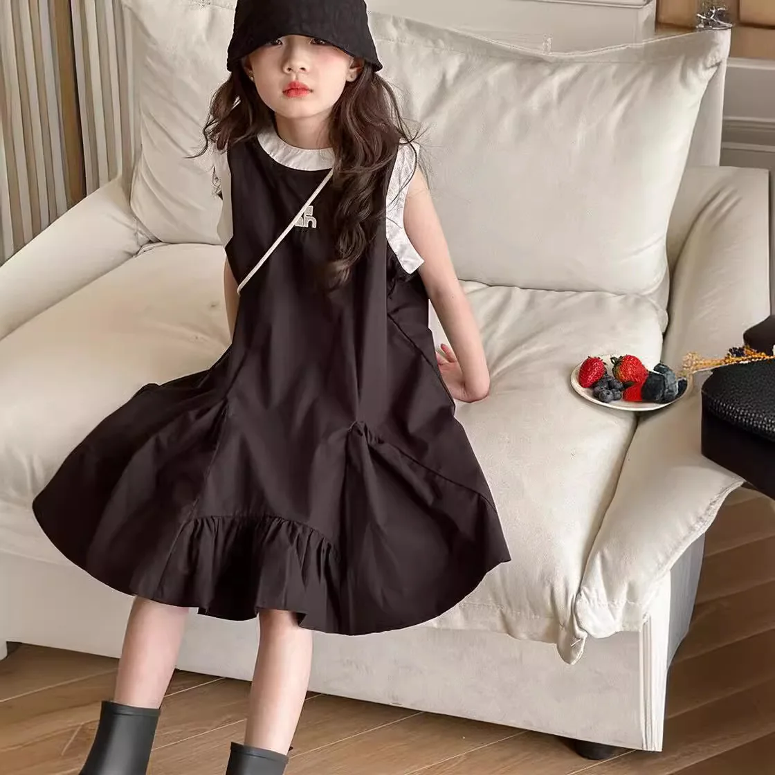 

Girls Dresses Kids Clothes Korean Cotton Black A-line Sleeveless Knee Length O-neck Dress 2024 Summer New Fashion Casual Outwear