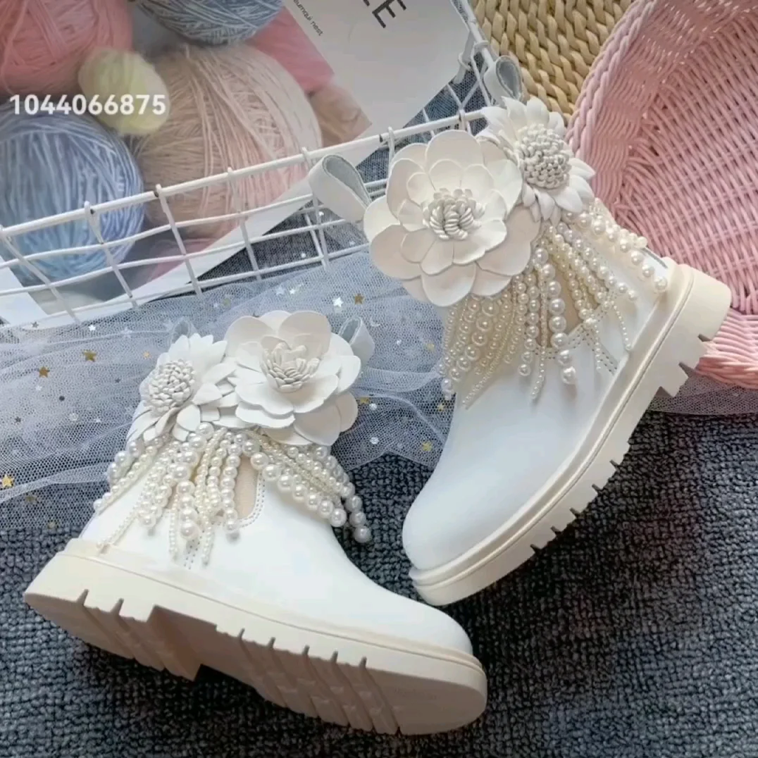 Girls Autumn Winter Ankle Boots 2023 Fashion Floral Beaded Tassels Princess Kids Casual Booties Warm Plush Cute Children Shoes