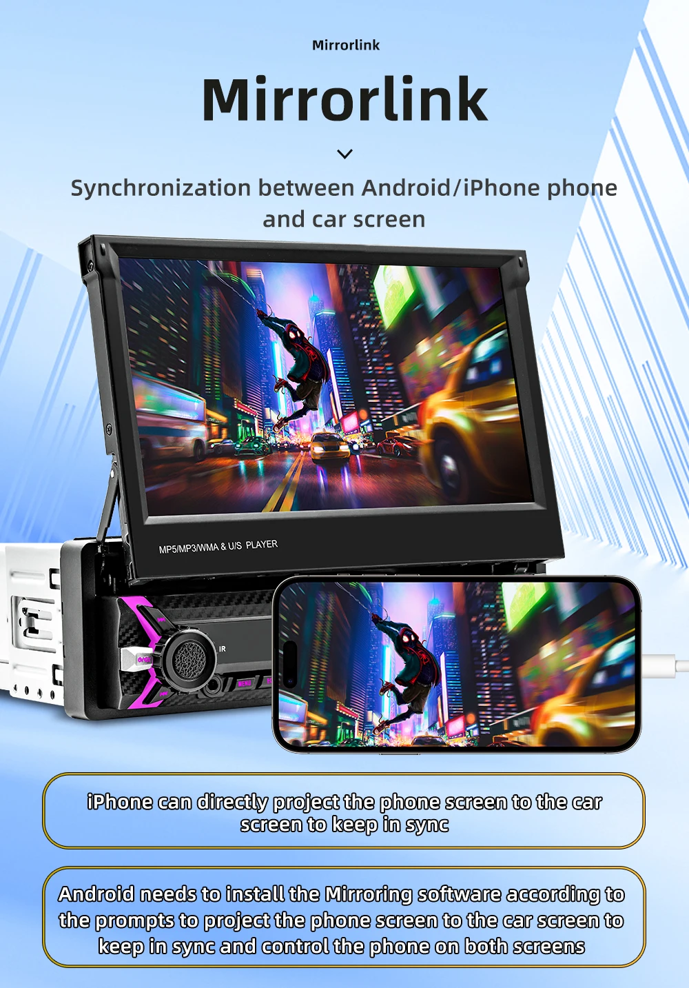 1Din Car Radio Player 7"MP5 Player Retractable Touch Screen Car Wireless CarPlay Android Auto Mirror Link Video USB TF BT Player 10 S13ab4dc57da3445e916b368866e6c6bez 1Din Car Radio Player 7"MP5 Player Retractable Touch Screen Car Wireless CarPlay Android Auto Mirror Link Video USB TF BT Player