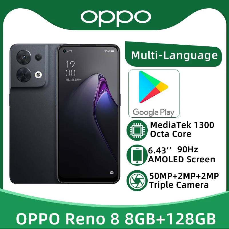 

OPPO Reno 8 5G 6.43" AMOLED Screen MTK Dimensity 1300 Octa Core 50MP Triple Camera 4500mAh 80W Fast Charger