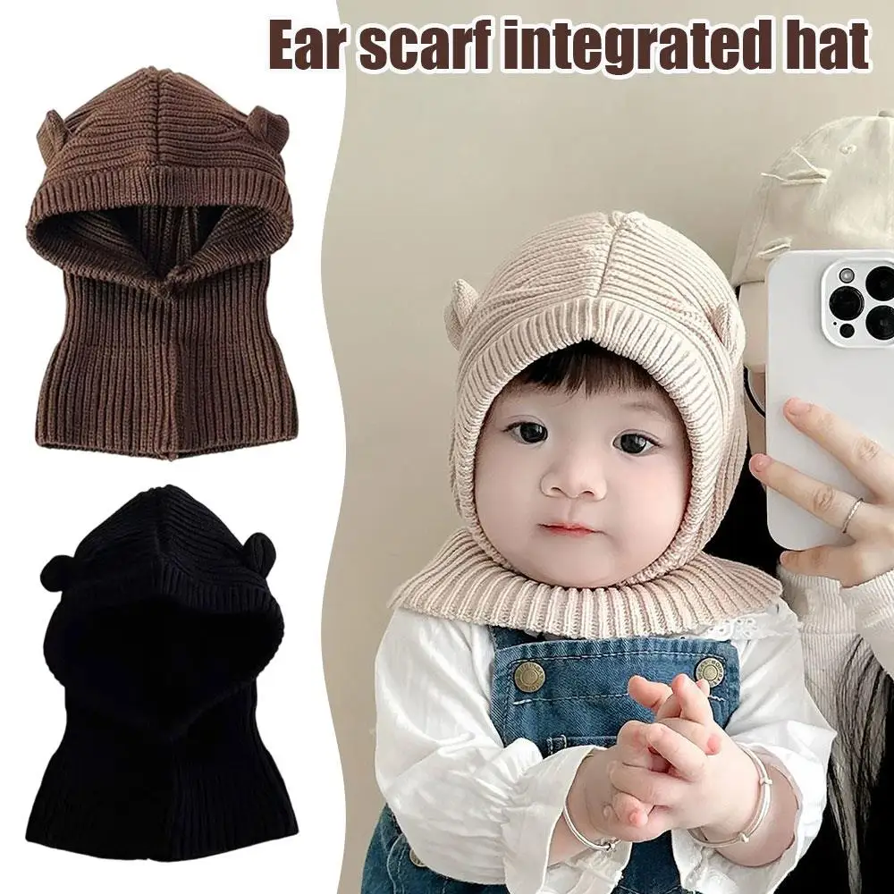 Cute Baby Knit Hat Scarf Winter Warm Kids Beanie Cap Balaclava Hat For Baby Cartoon Ears Toddler Girls Boys Scarf Integrated Hat