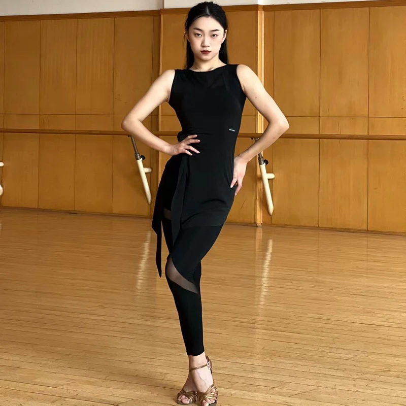 Latin Dance Clothes Women Slit Irregular Tops Black Leggings Lace