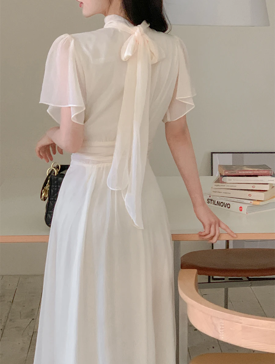 Elegant Solid Midi Dresses for Women Ruffles Half-high Collar A-line Office Lady Casual Korean Fashion Autumn Vestidos Mujer New