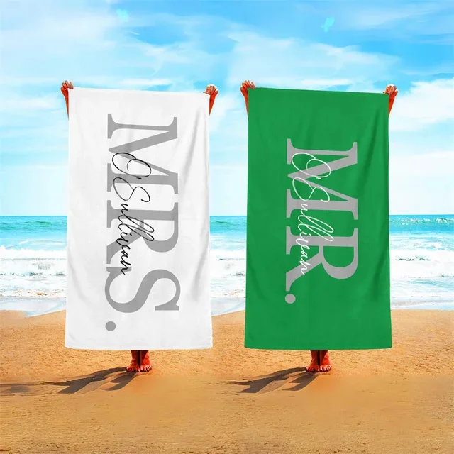 Custom Green and White Mr. & Mrs. Beach Towel Set