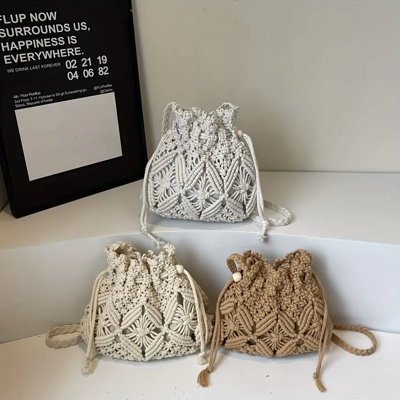 Borsa a secchiello in macramè boho, fatta a mano, con coulisse, borsa a tracolla estiva da spiaggia per donna - immagine 3
