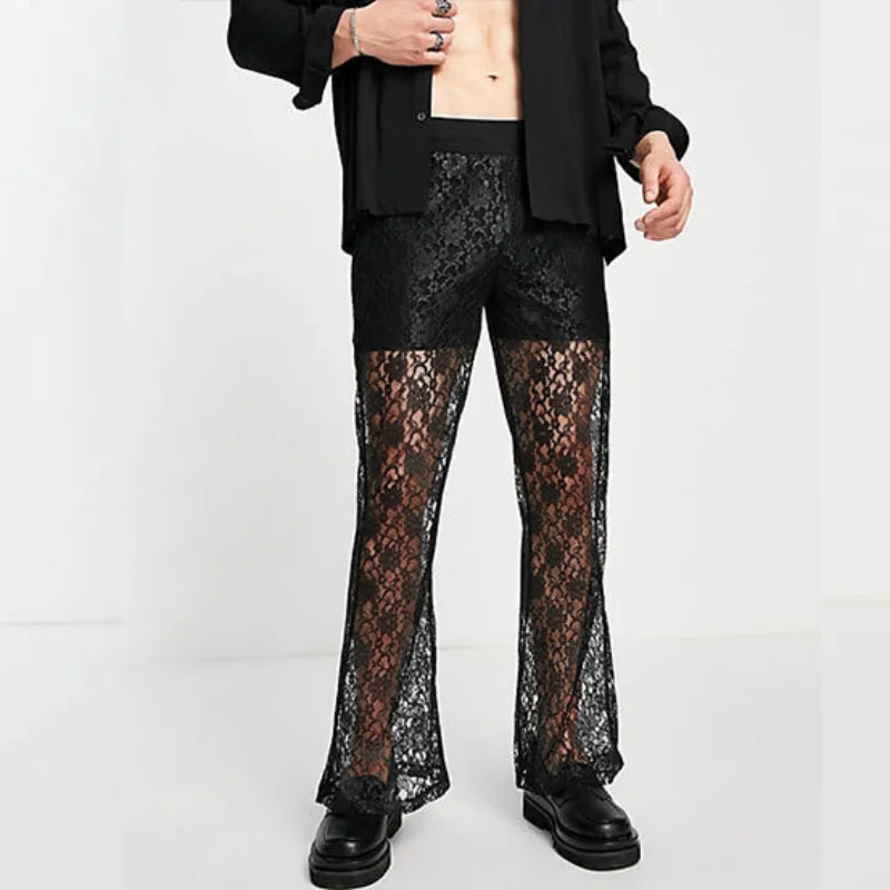 European American Men Casual Pants Sexy Black Lace Trousers Show Dress Mesh Cut Out Bell-bottoms Moletom Masculino Pantalon New