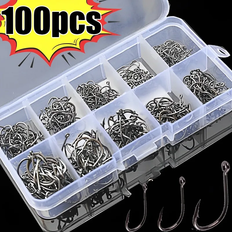 100PcsFishingHooksSetCarbonSteelSingleCircleFishingHookFly