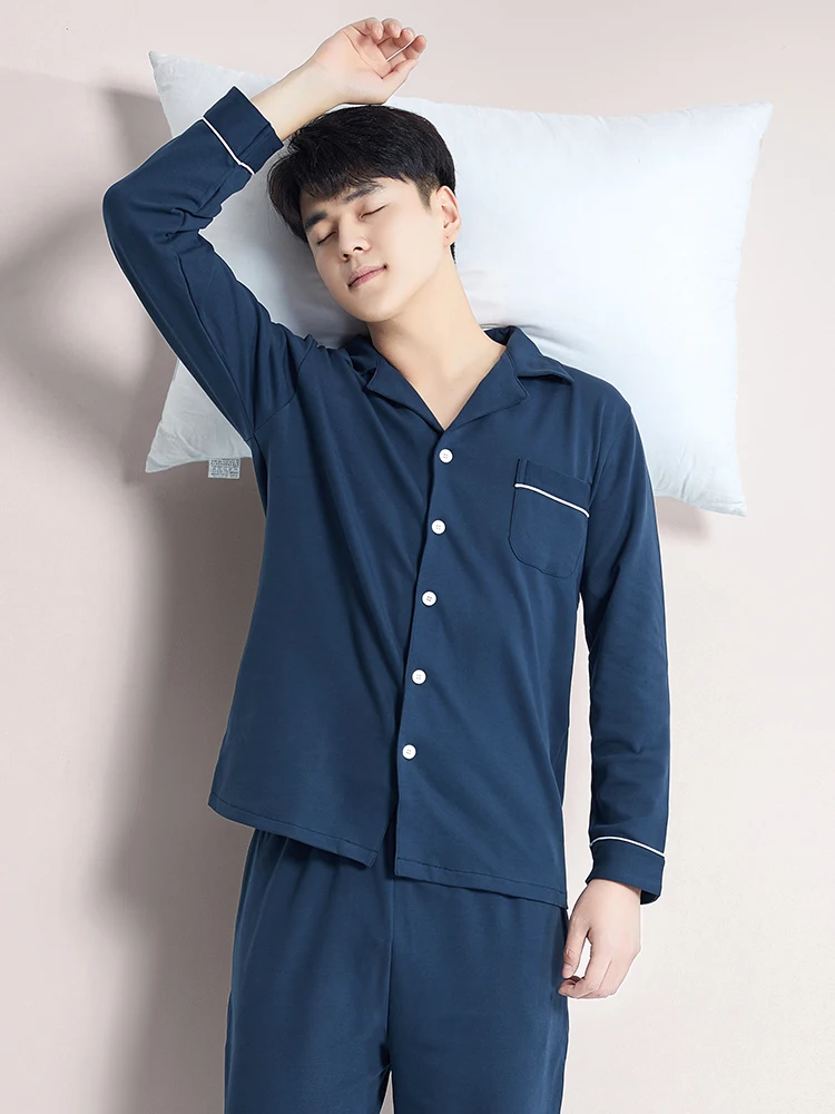 Pajama Sets Blue Cotton Winter Men Sleepwear 2 Pieces Set