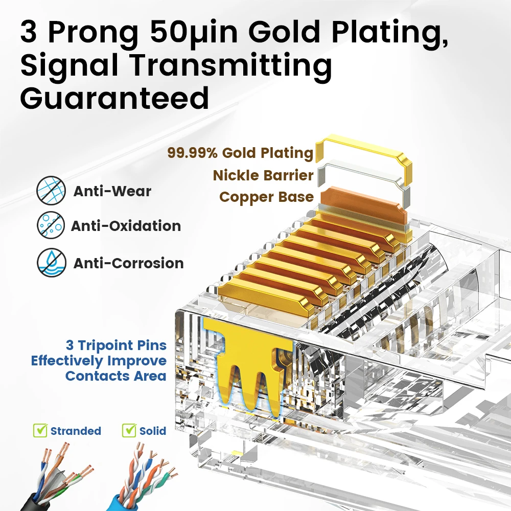 Ampcom Pass Through Modular Plug 8p8c Crimp End Fio Sólido Ethernet Padrão Conector Rj45 Conector Banhado a Ouro 50u Cat7 Cat6 Cat5e - Imagem 2
