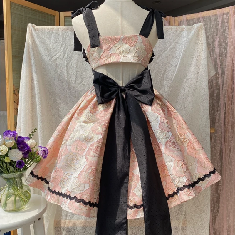 Japanese Victorian Kawaii Lolita Dress Women Gothic High Waist Ruffles Rose Jacquard Party Dresses Girls Sexy Backless Bow Dress