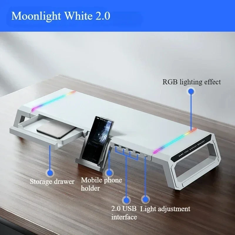 Kurebingzun T1 모니터 스탠드 접이식 데스크탑 라이저(서랍형 휴대폰 홀더 포함) RGB 라이트 4 USB 포트 인체공학적 데스크 정리함