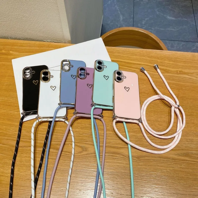 Elegant Crossbody Lanyard Case with Plating Love Design - Shockproof Camera Protection Cover