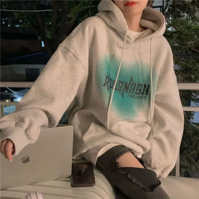 

Hip Hop Dark Gray Pocket Fleece Thicken Sweatshirt Winter Loose All-match Couples Hoodies Pullover Korean Letter Graphic Y2K Top