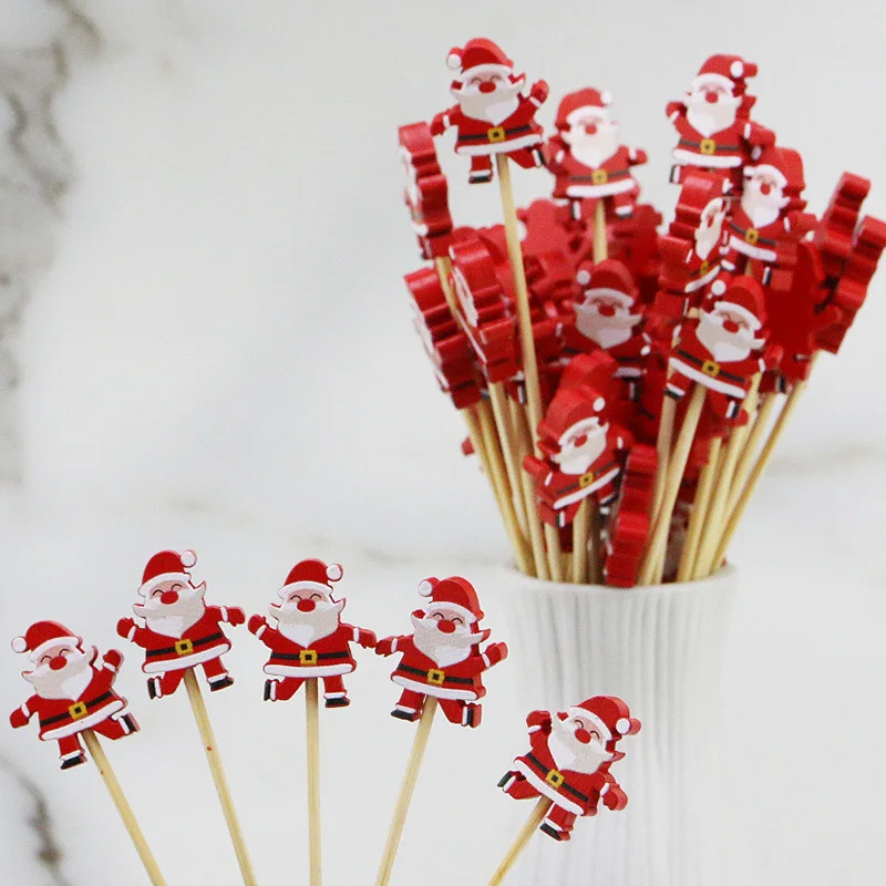(100pcs/pack) 11.8cm Santa Claus Bamboo Skewers Wooden Disposable Christmas Toothpick Kitchen Accessories Dessert Fruit  Party