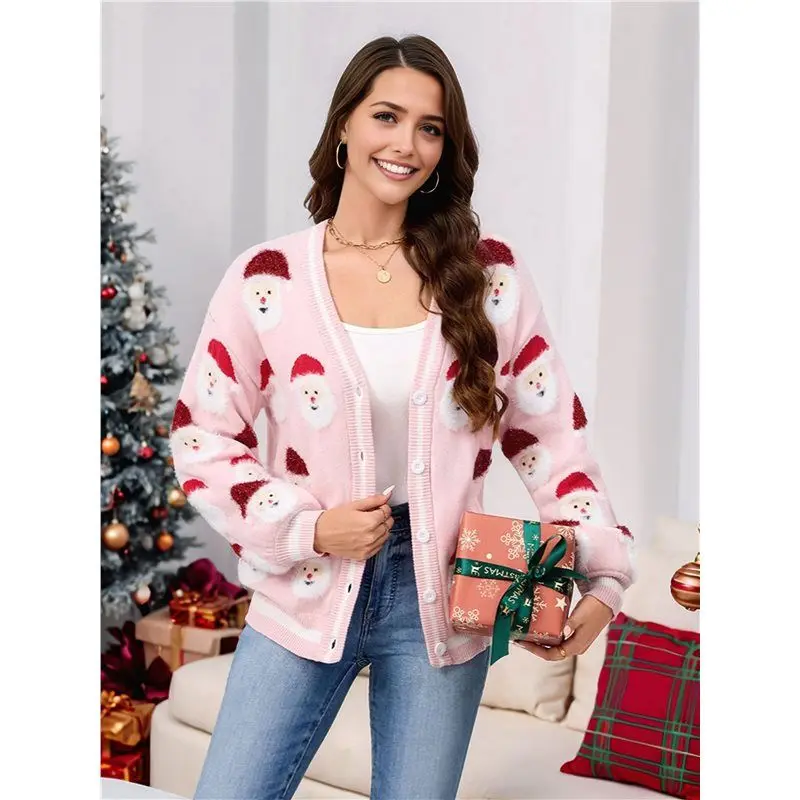 【추천】여성용 크리스마스 가디건 스웨터 부드러운 휴일용 긴 소매 크리스마스 니트 스웨터