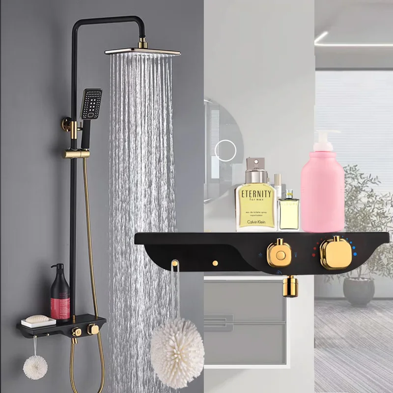 

Black Gold Rain Shower Set Constant Temperature Pressurized System Full Copper Wall Mount Thermostatic Bathroom Faucet