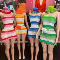 Handmade Crochet Knitted Hats Women Girl Crochet Scallop Ruffle Edge Knit Bucket Caps Adult Trendy Rainbow Striped Beach Sun Hat 2