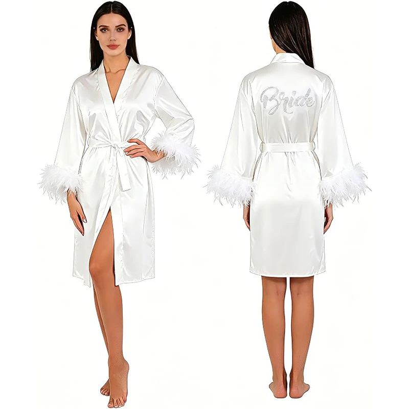 Vestaglia da Sposa con Piume per il Giorno del Matrimonio, Vestaglia in Raso Sexy in Seta, Accappatoio da Sposa, Outfit per la Preparazione della Festa Nuziale - immagine 2
