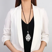 Amorcome Unique Design Big Metal Leaf Pendant Leather Cord Necklace Boho Style Long Chains Sweater Necklaces Women Gift Bijoux