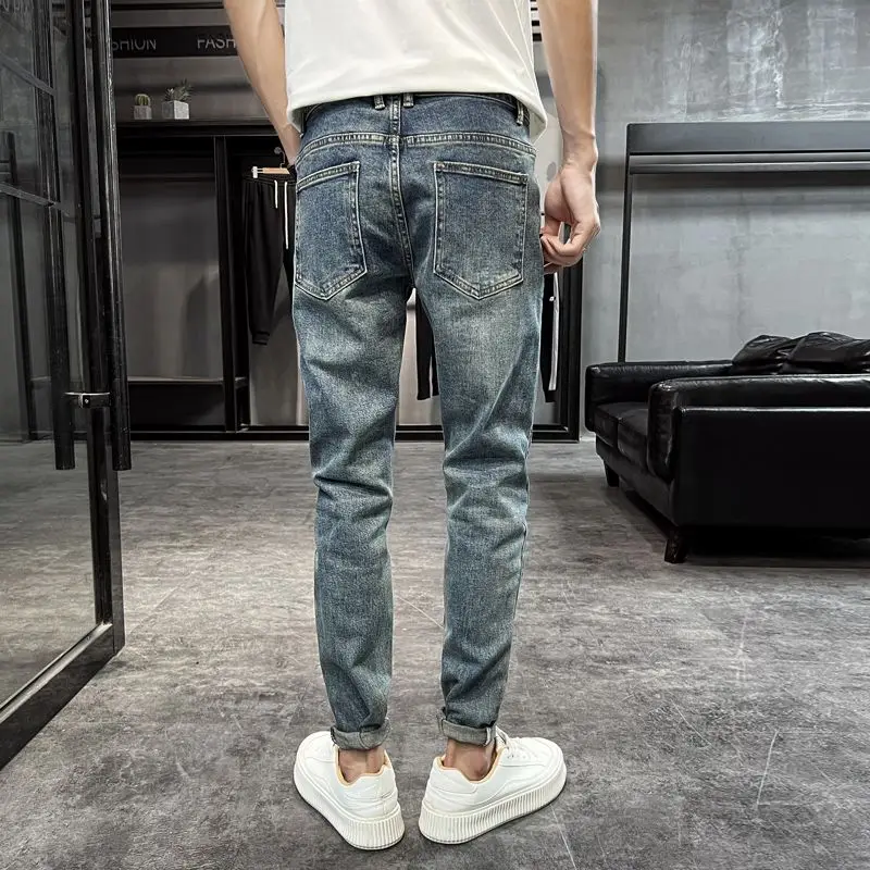 Retro Winter Men's Fleece Slim Straight Jeans Retro Washed Elastic Cotton Open Crotch Outdoor Sex Skinny Fashion Denim Trousers