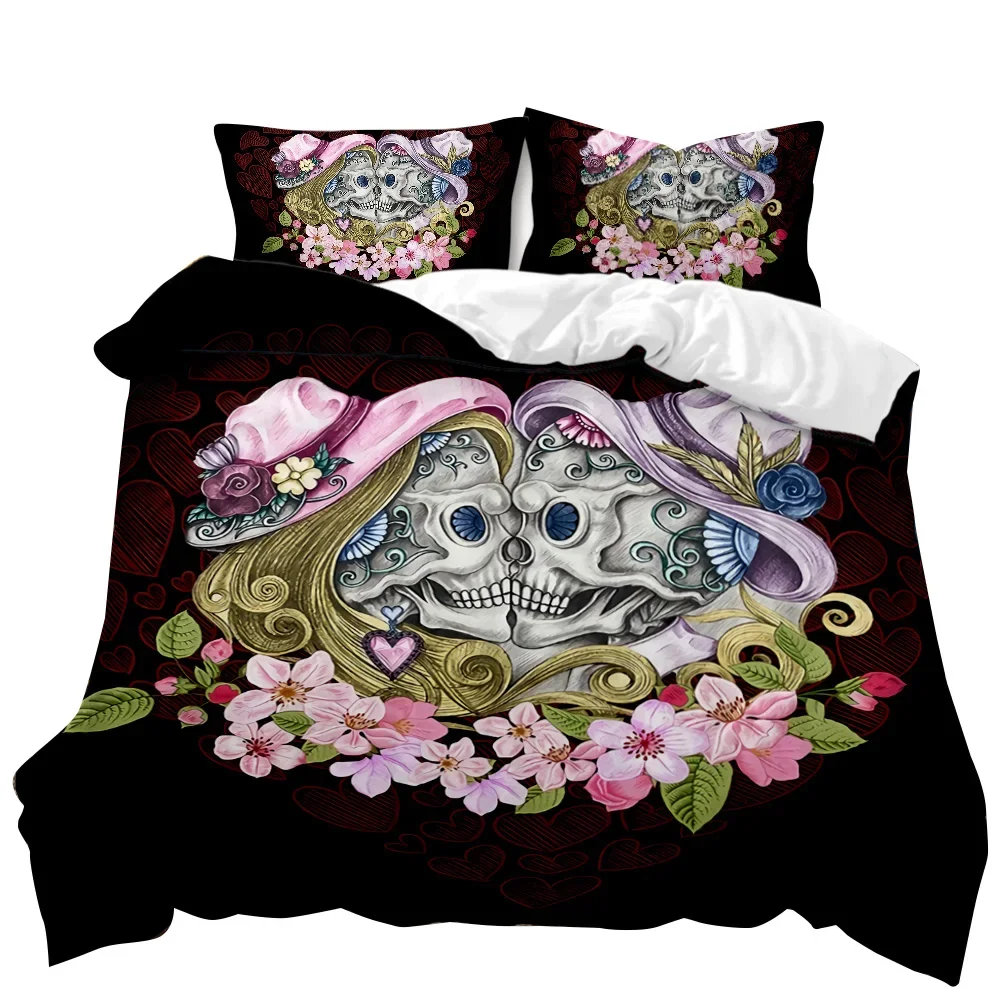 

Skull Duvet Cover Set Rose Floral Twin Bedding Set Printed Valentine's Day Halloween Skull Gothic Skeleton Polyester Qulit Cover