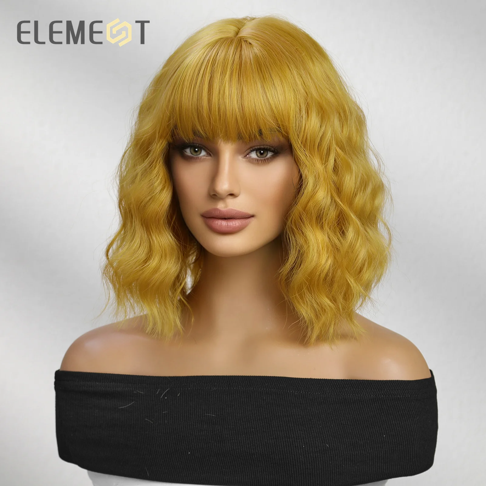 Element 여성용 짧은 바디 곱슬 합성 밥 가발, 앞머리 포함, 생강 노란색 머리 가발, 데일리 파티 코스프레, 내열성