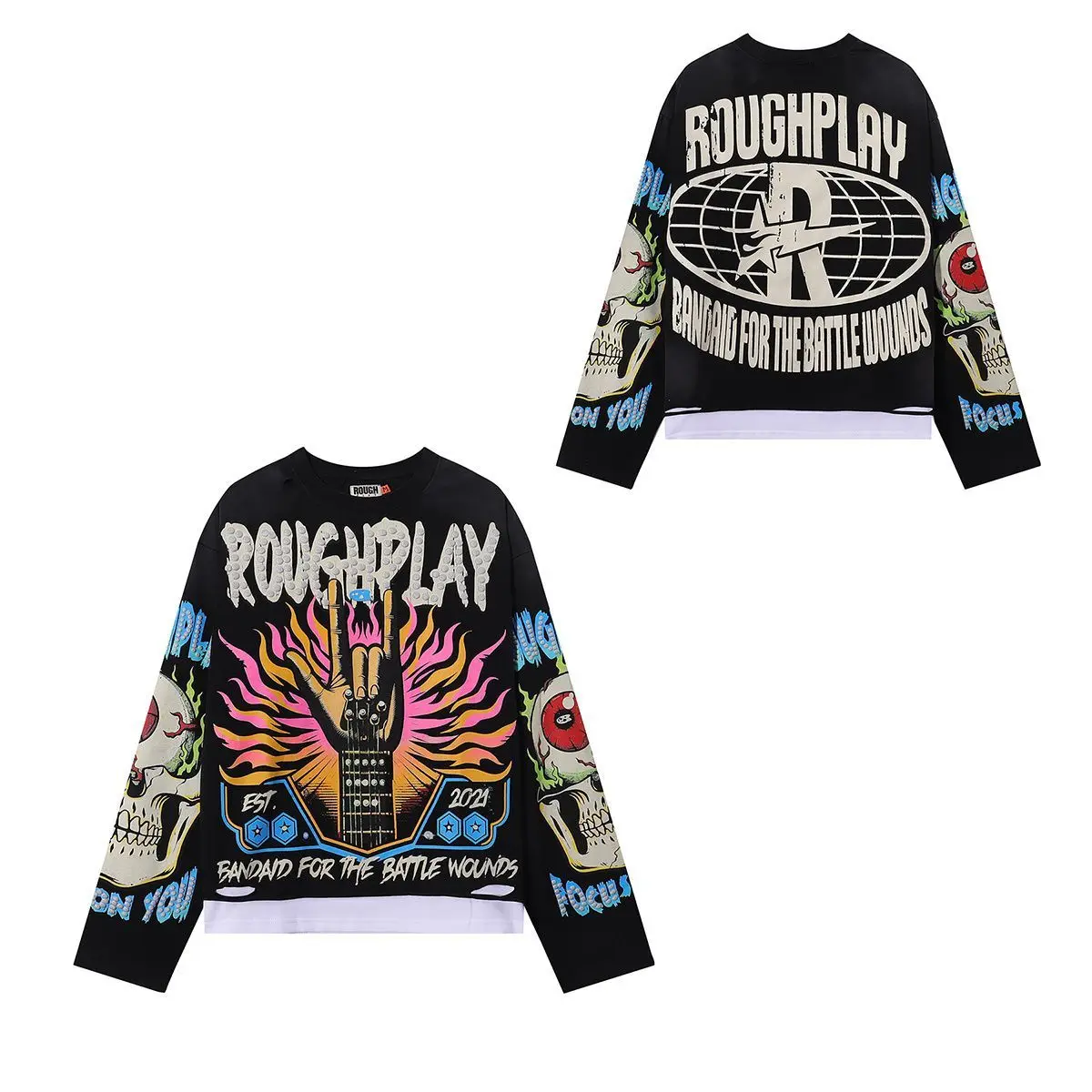 Roughplay American Cotton Retro Style Long Sleeve Men Women Jesus Print Skull Rockabilly Washed Out T-Shirt Vintage Design Tee 6