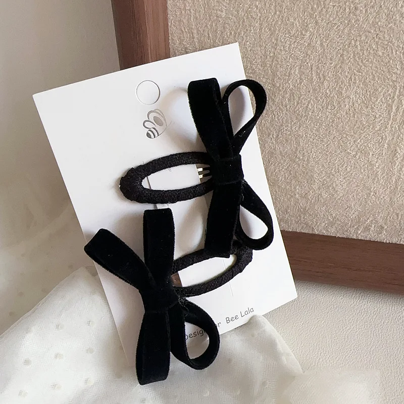 2pcs/set Velvet Black Bow BB Clips New Fashion Lace Hair Clips for Girls Teens Barrettes with Ribbon Trim Headwear Accessories