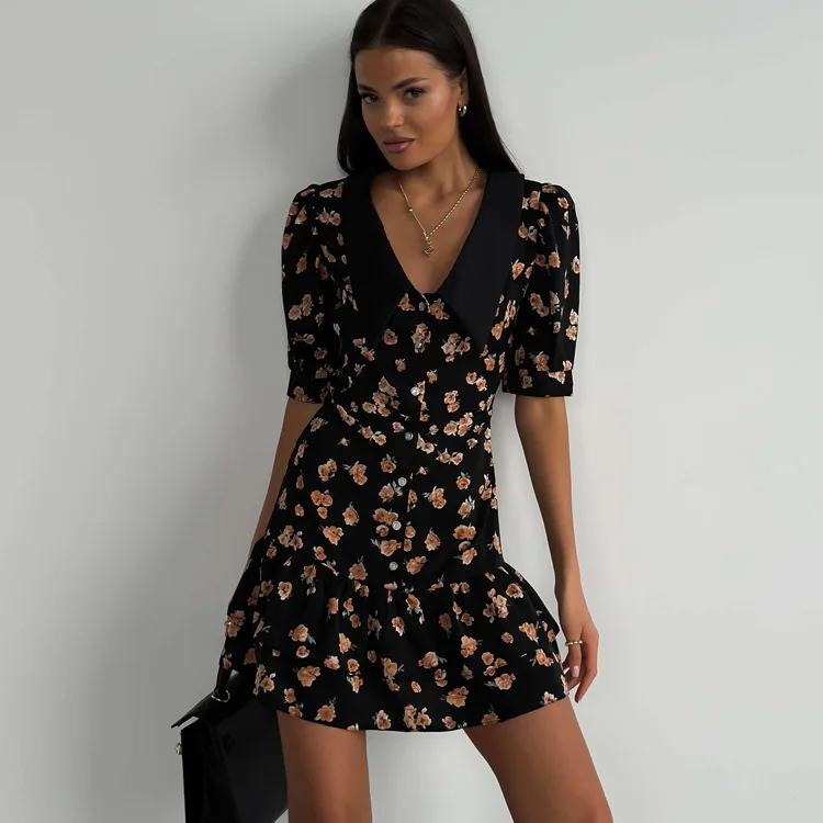 Printed Ruffled V-Neck Mini Dress Female Short Sleeve Fashion Slim High Waist Elegant Party Dress Women's Summer Dress New