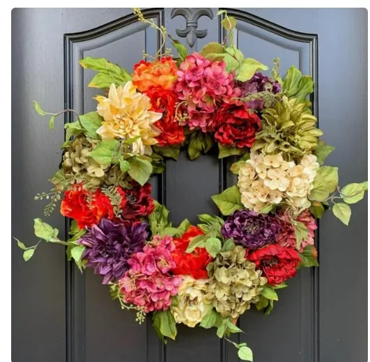 

Венок для входной двери, уникальный цветочный венок с пионами и гортензией, для входной двери, весна-лето