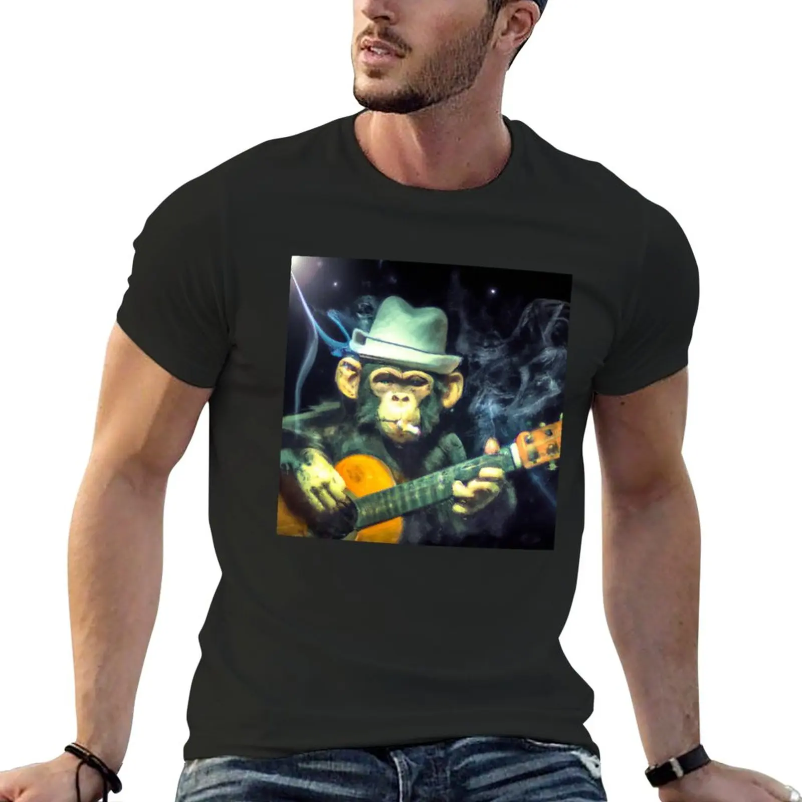 

Chimpanzee Smoking a Cigarette and Playing Guitar T-Shirt sports fans aesthetic clothes summer top Short sleeve tee men clothing