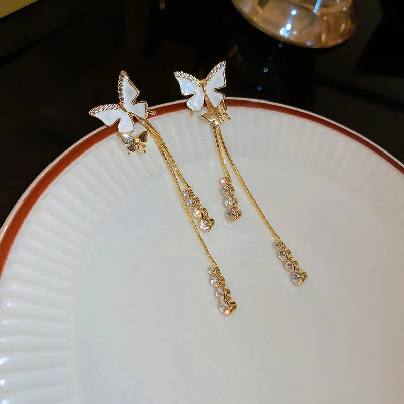 2022 New Zircon Shell Butterfly Tassel Earrings Women\'s Fashion Temperament Long Stud Earrings Wedding Jewelry Birthday Gifts