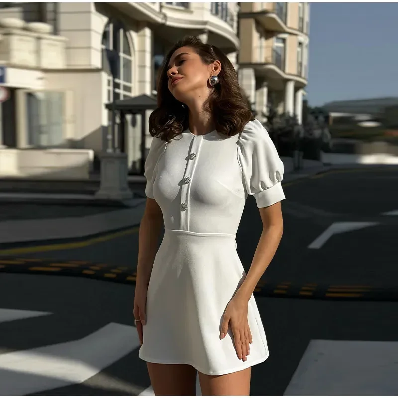 Elegant Slim Mini Dress Women Lace Short Sleeve Doll Collar Button Splice Autumn Fashion Classic Office Dresses Female