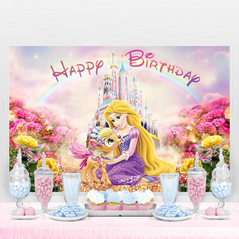 Disney Custom Princess Tangled Rapunzel Pink Flower Background Girls Birthday Party Decoration Photography Custom Photo Backdrop