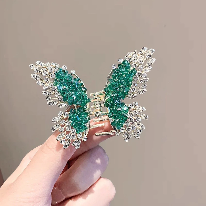 Feengrüne Kristall-Strass-Schmetterlings-Haarklammer, exquisite Damen-Haarklammer für die Rückseite des Kopfes, verlaufte Haarklammern, Retro-Haar-Accessoires – Detail 1