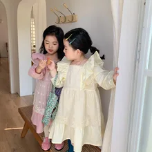 

New Arrived 2022 Spring New Children Children Lace Vest Dress Fake Two Korean Flying Sleeve Princess Dress For New Year Party