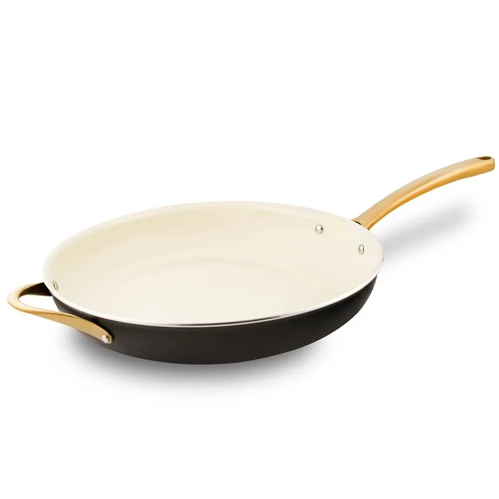 

Extra Large Fry Pan Skillet Non Stick Ceramic Coating Pan with Golden Titanium Coated Silicone Handle Sturdy Longlasting