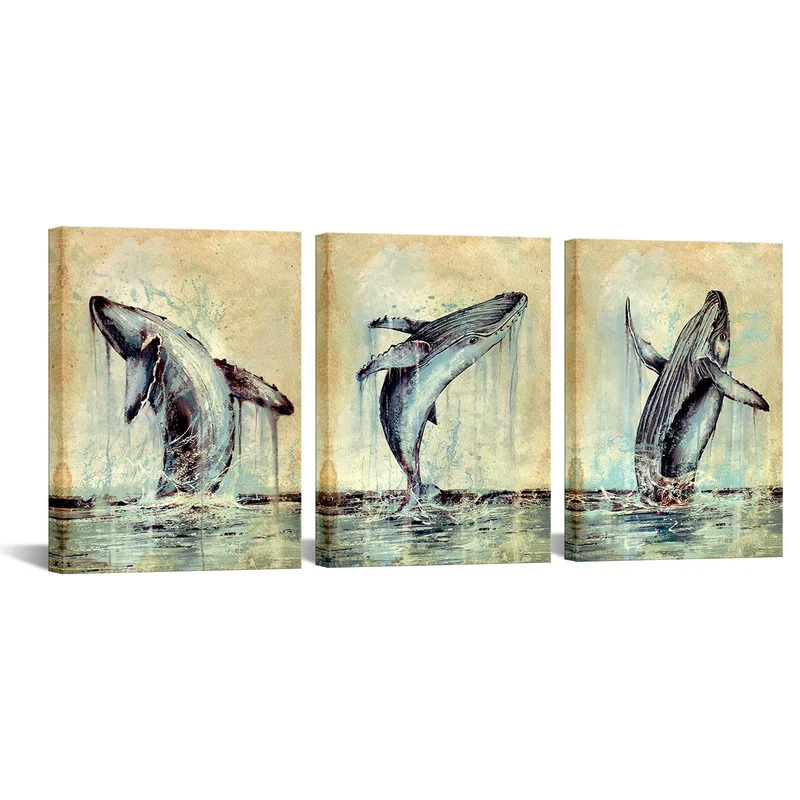 

3 Pieces Whale on Water Wall Art Poster Abstract Animal Print Canvas Painting Modern Style Pictures Living Room Home Decor