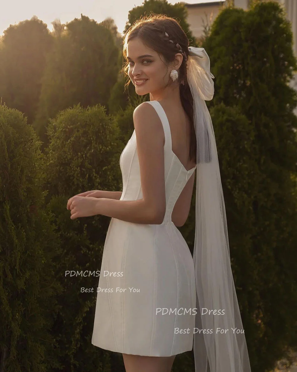 심플한 짧은 웨딩 드레스, 스퀘어 넥 미니 우아한 파티 가운, 신부 원피스 정장 가운, 클럽 나이트 아티티 