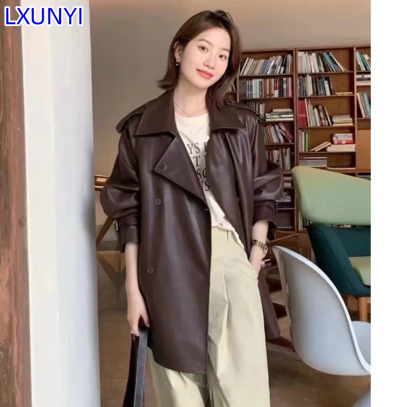 

LXUNYI 2023 Autumn Winter New Women's Loose Leather Jacket Middle Long Slim Motorcycle Leather Trench Coat With Belt Windbreaker