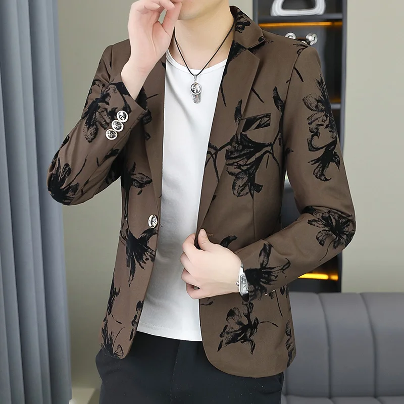 Men's Fashion Gentleman Business Outdoor Travel Print Wedding Slim-fit Korean Trend Handsome Youth Casual Blazer