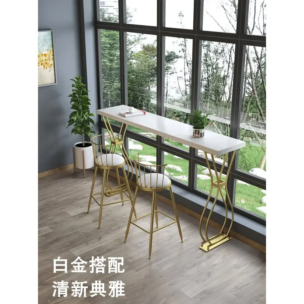 Bar Table Chair Combination Luxury Solid Wood Bar Table Home Milk Tea Shop Wall Long Table High Wrought Iron Chair