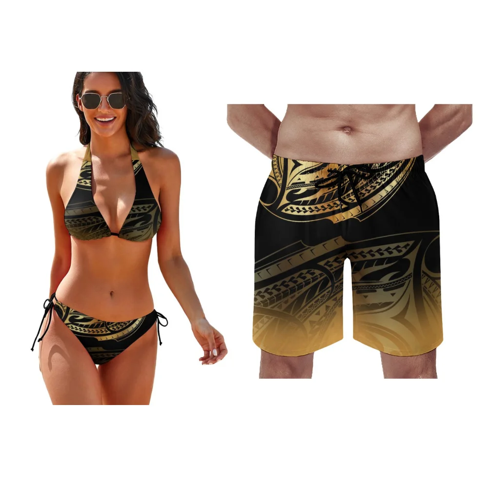 

Polynesian Ladies Sexy Bikini Beach Push-Up Swimsuit Two-Piece Men's Sport Beach Shorts Polynesian Couples Party Swimsuit