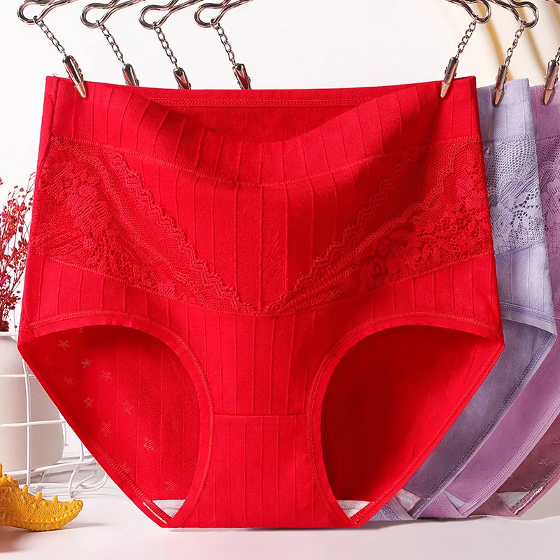 Comfortable Women's High Waist Underwear Cotton Red Panties Classic Briefs for Ladies All Ages Auspicious Festive Red