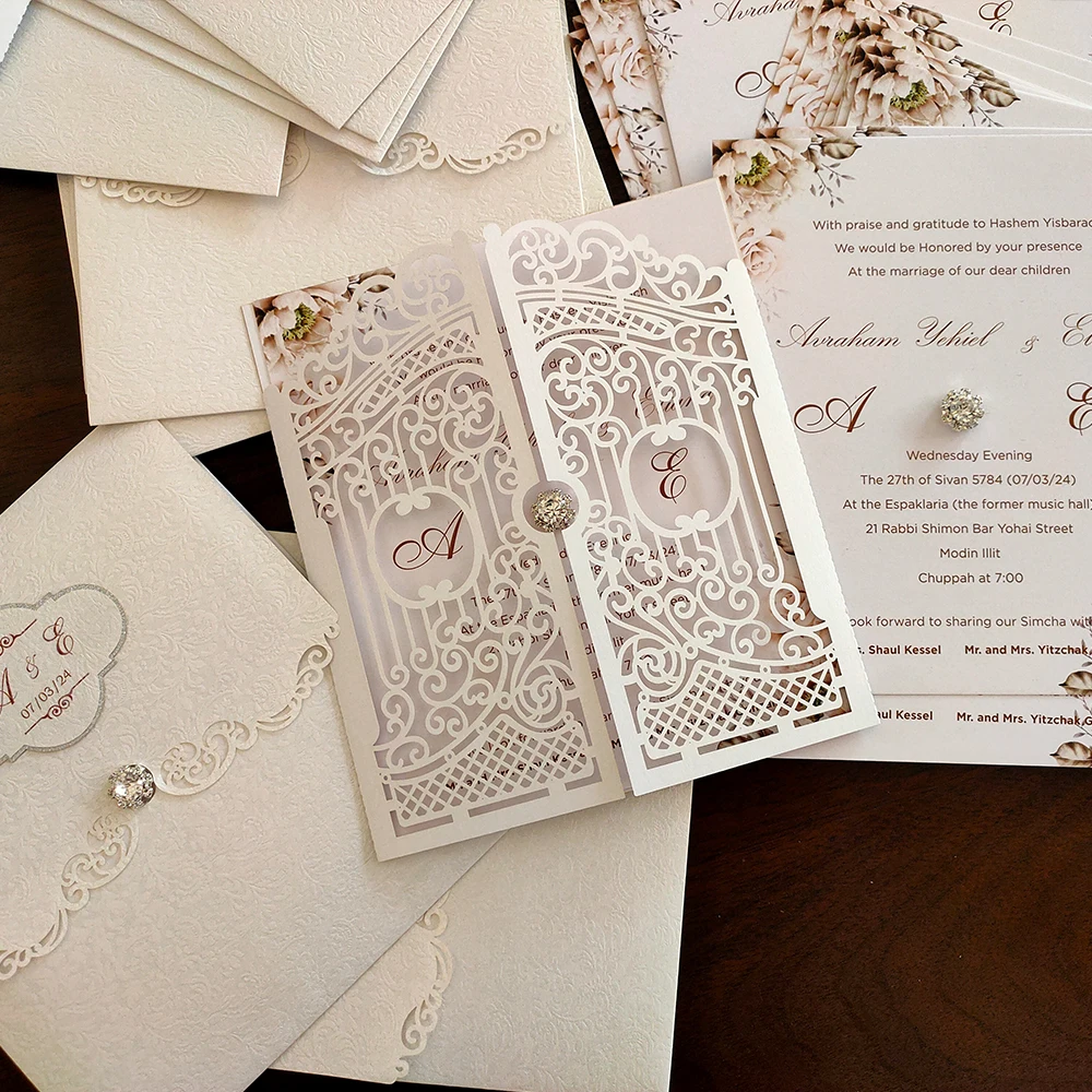 High-end wedding invitation cards with White Textured Envelope with Diamond Buttons