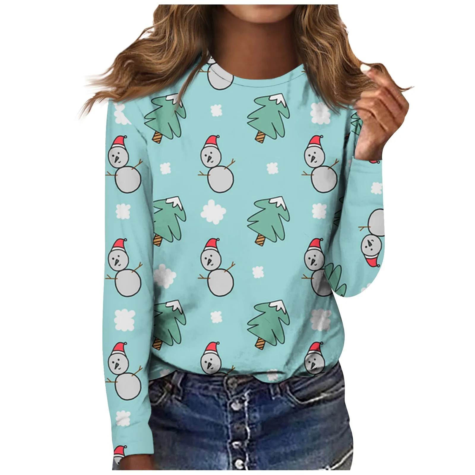

Женский топ с рождественским принтом, осенне-зимняя Рождественская футболка с длинным рукавом и круглым вырезом, пуловер с рождественским принтом и снеговиком, топы